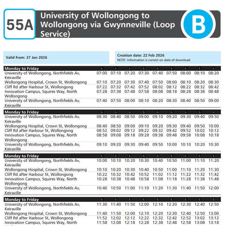 timetable for UOW bus