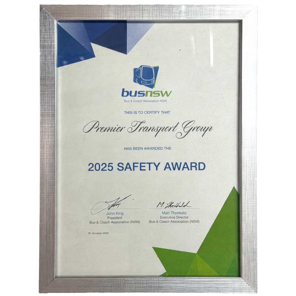 BusNSW 2025 Safety Award Certificate